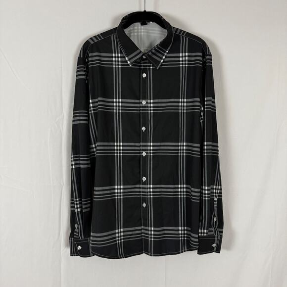 Manfinity Black Plaid Button-Up Long Sleeve Shirt Size L Stylish Modern Look - Picture 1 of 7